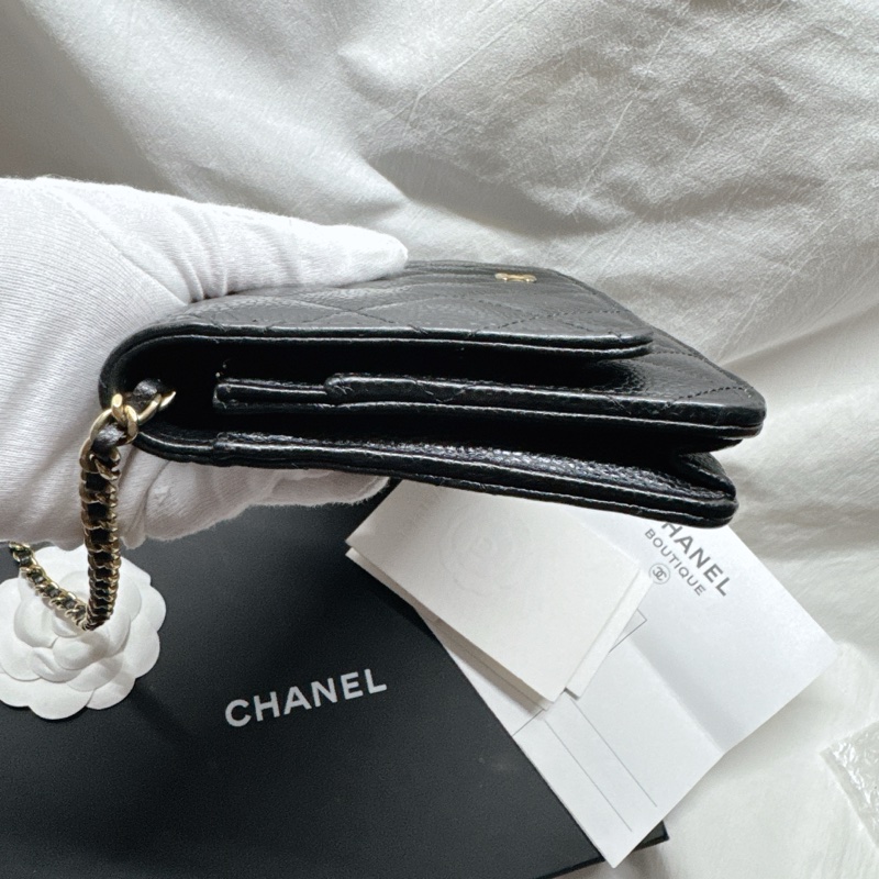 Chanel 經典CC淡金寇荔枝紋斜背長夾WOC-9