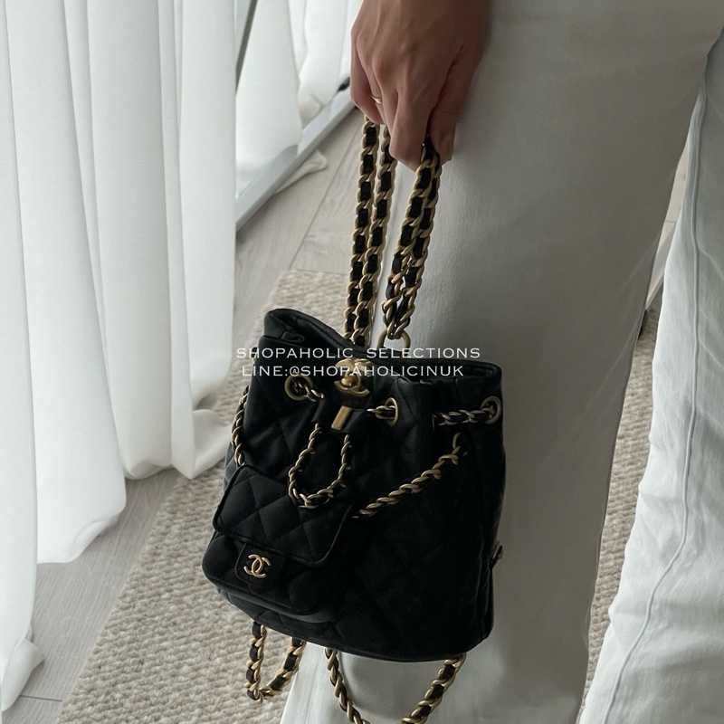 chanel 23A黑色子母雙肩後背包牛皮復古金釦AS3947-1