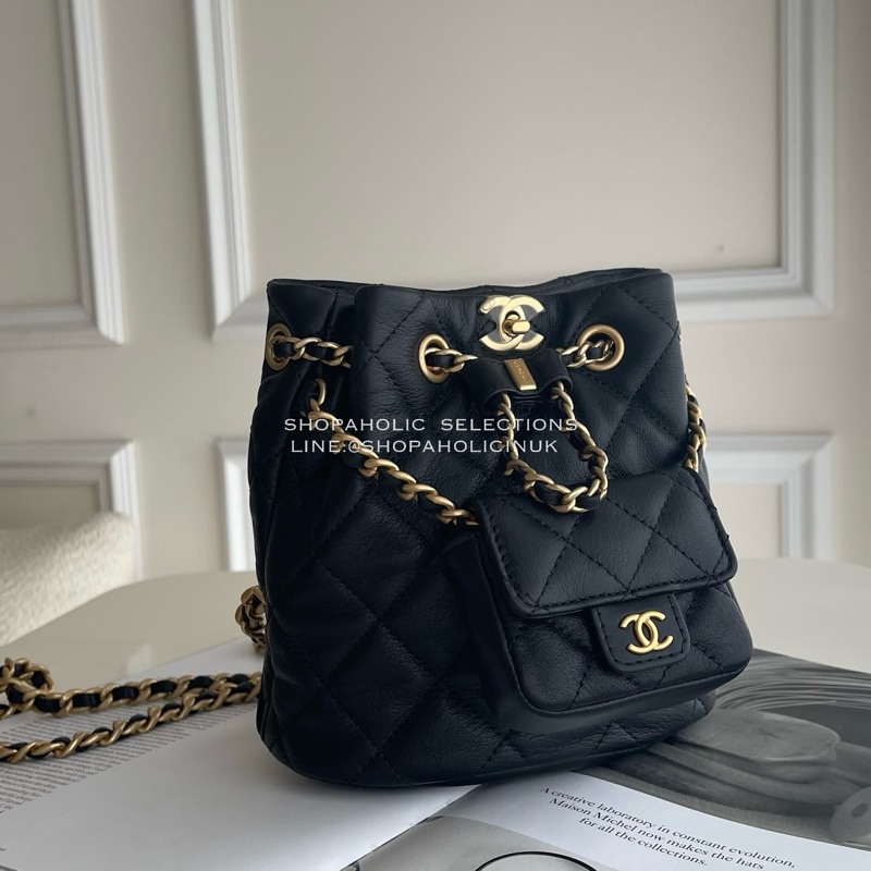 chanel 23A黑色子母雙肩後背包牛皮復古金釦AS3947-2