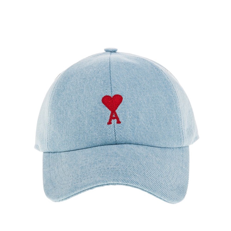 AMI PARIS 紅色刺繡愛心淺牛仔色棒球帽-0