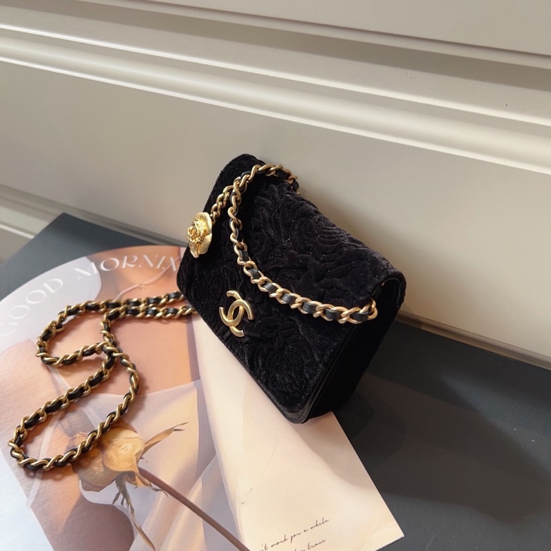 ✨Chanel 黑金絲絨 立體浮雕山茶花mini woc 99新🆕-4