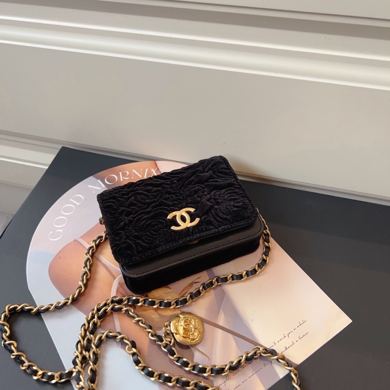 ✨Chanel 黑金絲絨 立體浮雕山茶花mini woc 99新🆕-6