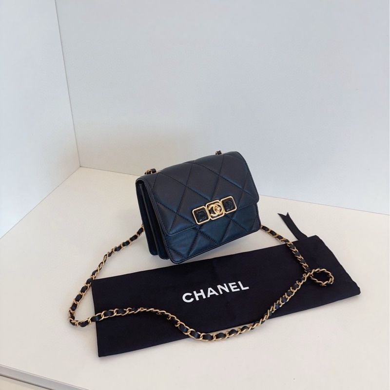 ✨Chanel 黑金鏈條方胖子 晶片款 98🆕 牛皮 可放手機📱-4