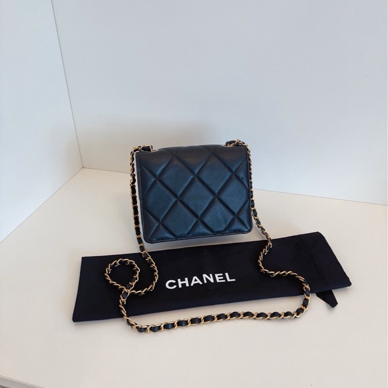 ✨Chanel 黑金鏈條方胖子 晶片款 98🆕 牛皮 可放手機📱-5