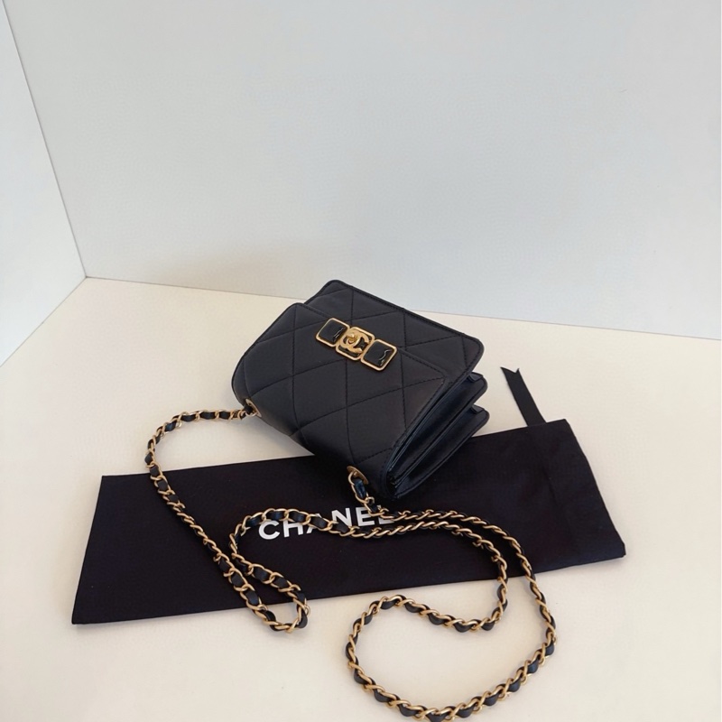 ✨Chanel 黑金鏈條方胖子 晶片款 98🆕 牛皮 可放手機📱-6