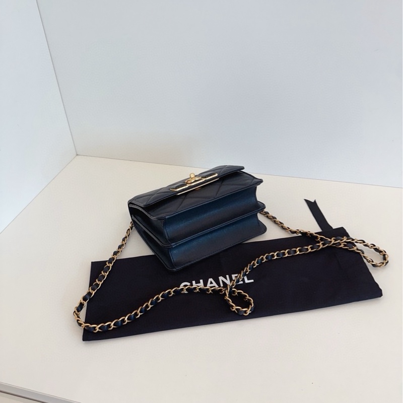 ✨Chanel 黑金鏈條方胖子 晶片款 98🆕 牛皮 可放手機📱-7