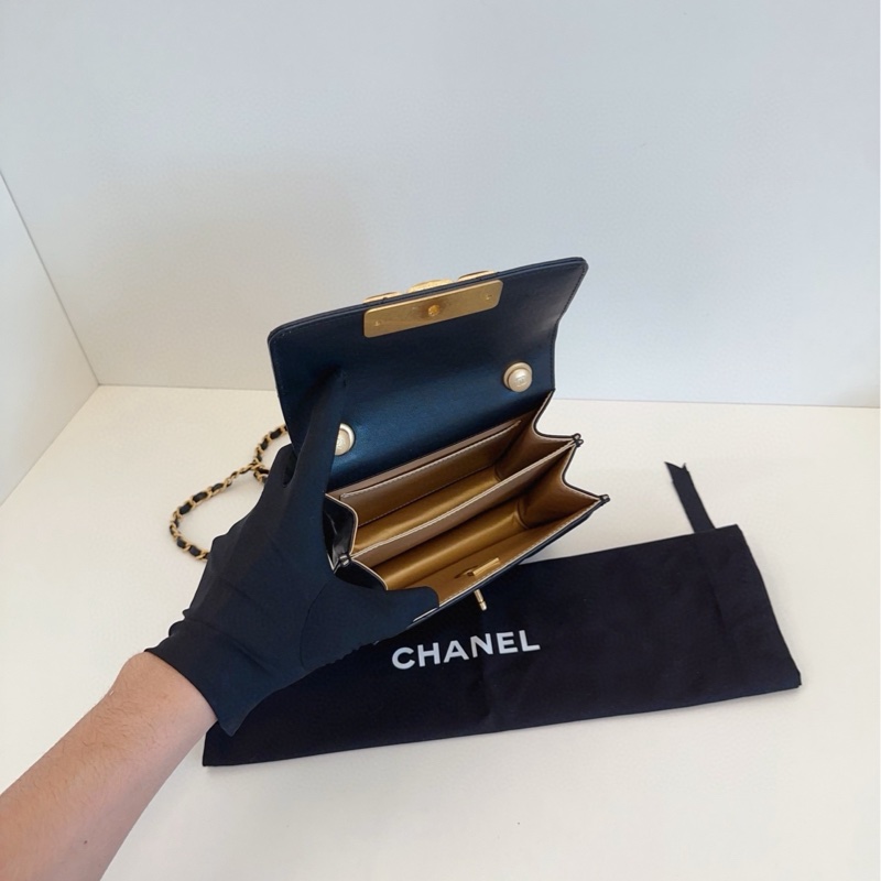 ✨Chanel 黑金鏈條方胖子 晶片款 98🆕 牛皮 可放手機📱-9