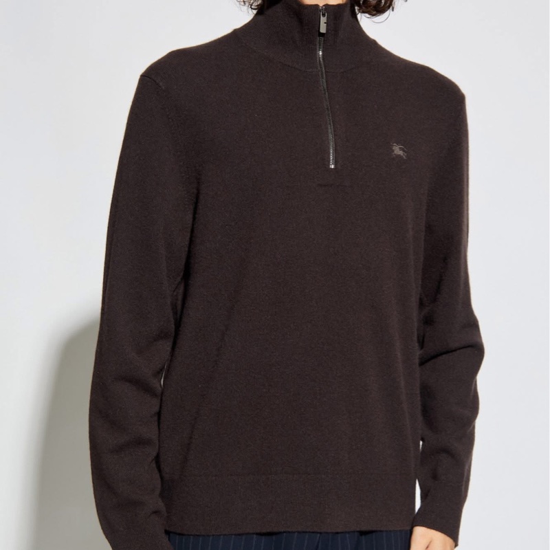 BURBERRY 倫敦 焦棕色羊毛半拉鍊戰馬針織衫 男款(男女可穿)-1