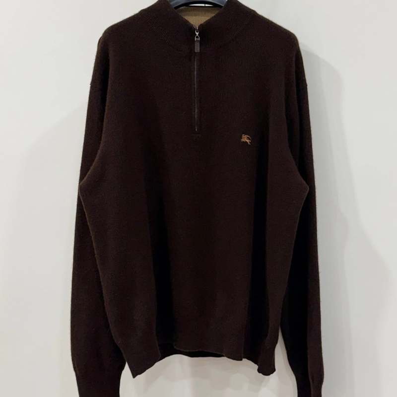BURBERRY 倫敦 焦棕色羊毛半拉鍊戰馬針織衫 男款(男女可穿)-2