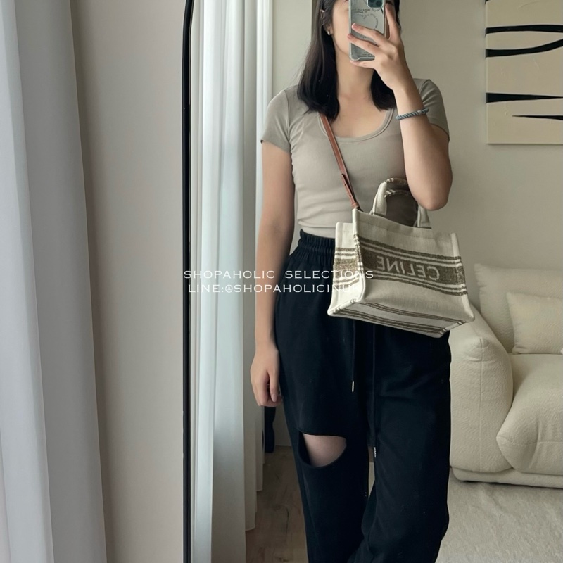 celine small cabas stripe textile babg  TOBACCO淺褐色條紋/TAN-4