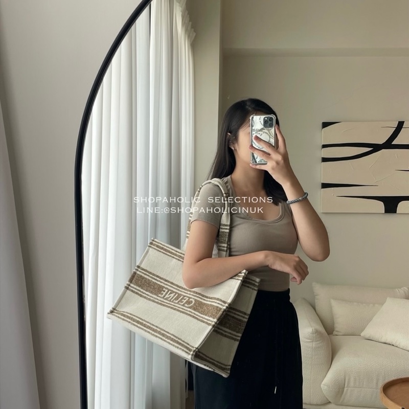 celine LARGE CABAS THAIS IN STRIPED TEXTILE TOBACCO 淺褐色條紋/ TAN-1