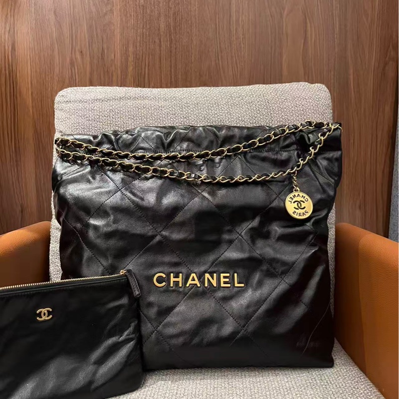 🔥新到：25年芯片 Chanel/香奈兒22bag 25p 黑金垃圾袋中號經典菱格紋，子母袋金色鏈條肩帶，尺寸：36 × 42 × 8cm-0