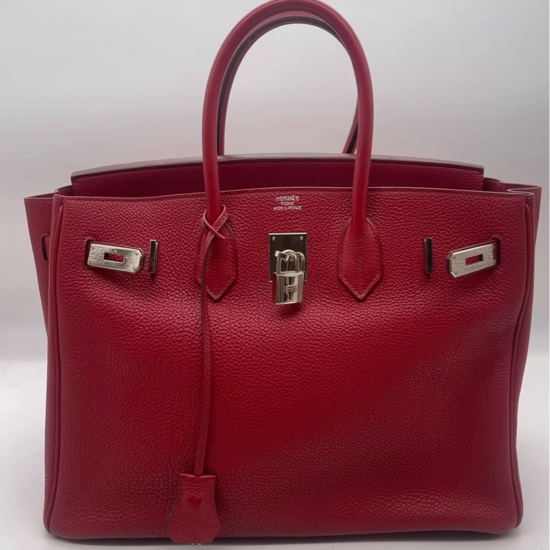 hermes愛馬仕 birkin35 國旗紅 框M刻 銀扣  底長35-0