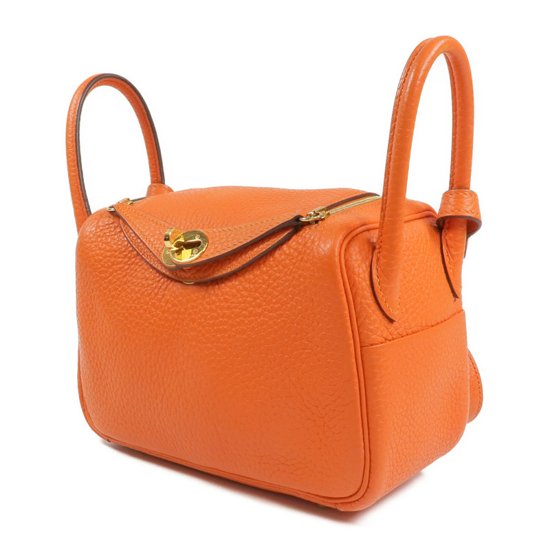 HERMES Togo皮革Mini Lindy金扣手挽肩背兩用袋Orange-1