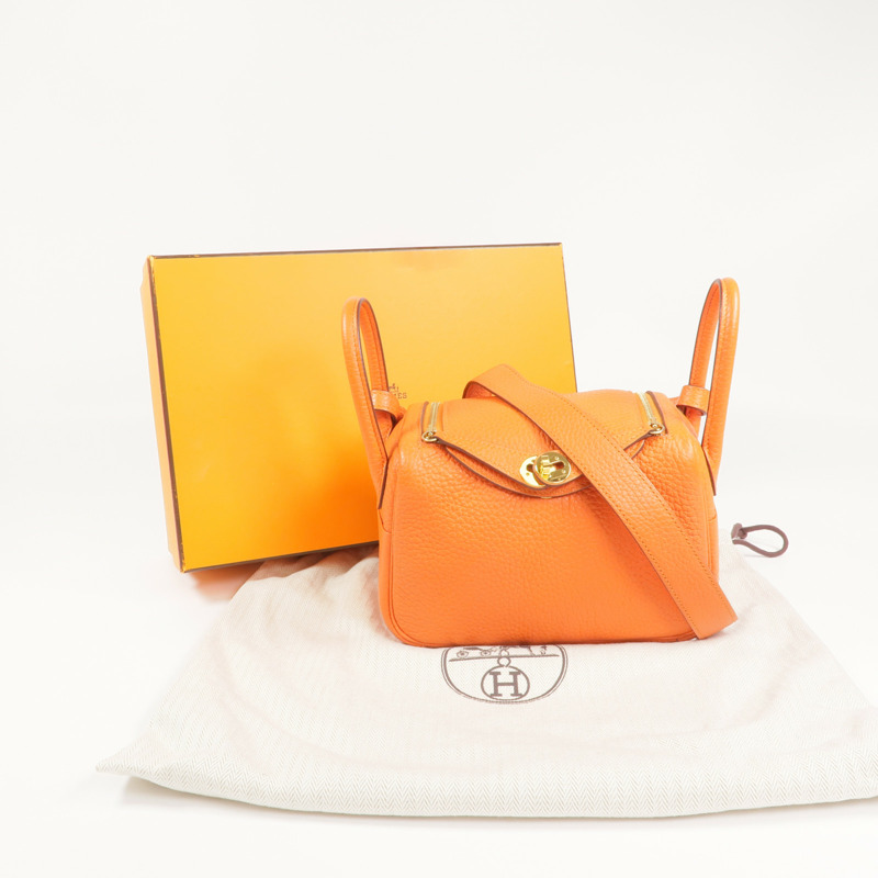 HERMES Togo皮革Mini Lindy金扣手挽肩背兩用袋Orange-9