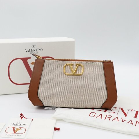VALENTINO 金屬 VLogo 中號 手繪約克夏 米色帆布 拉鍊手拿包