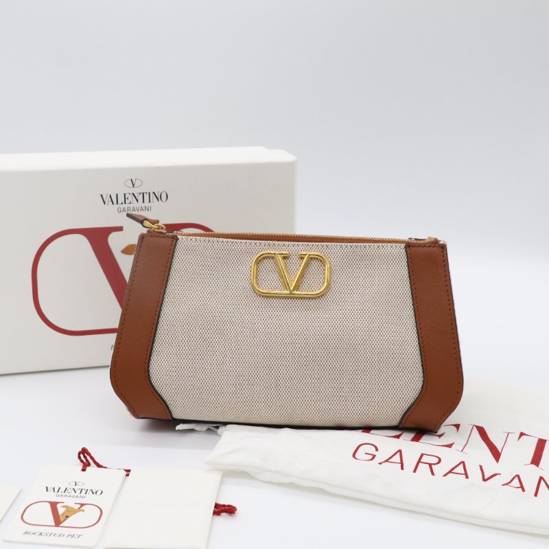 VALENTINO 金屬 VLogo 中號 手繪約克夏 米色帆布 拉鍊手拿包-0