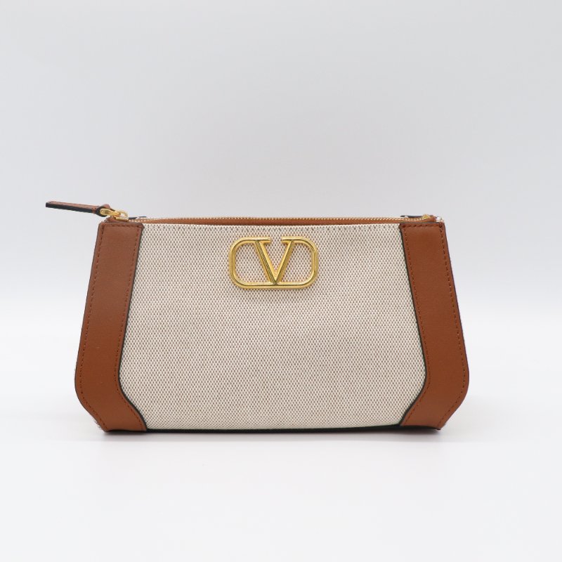 VALENTINO 金屬 VLogo 中號 手繪約克夏 米色帆布 拉鍊手拿包-1