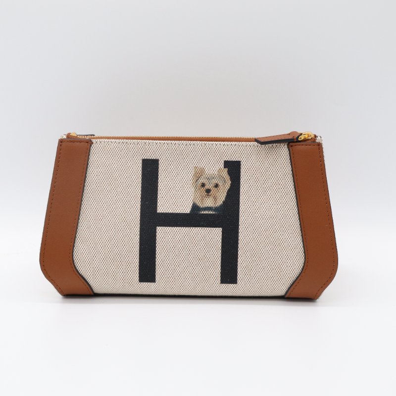 VALENTINO 金屬 VLogo 中號 手繪約克夏 米色帆布 拉鍊手拿包-3