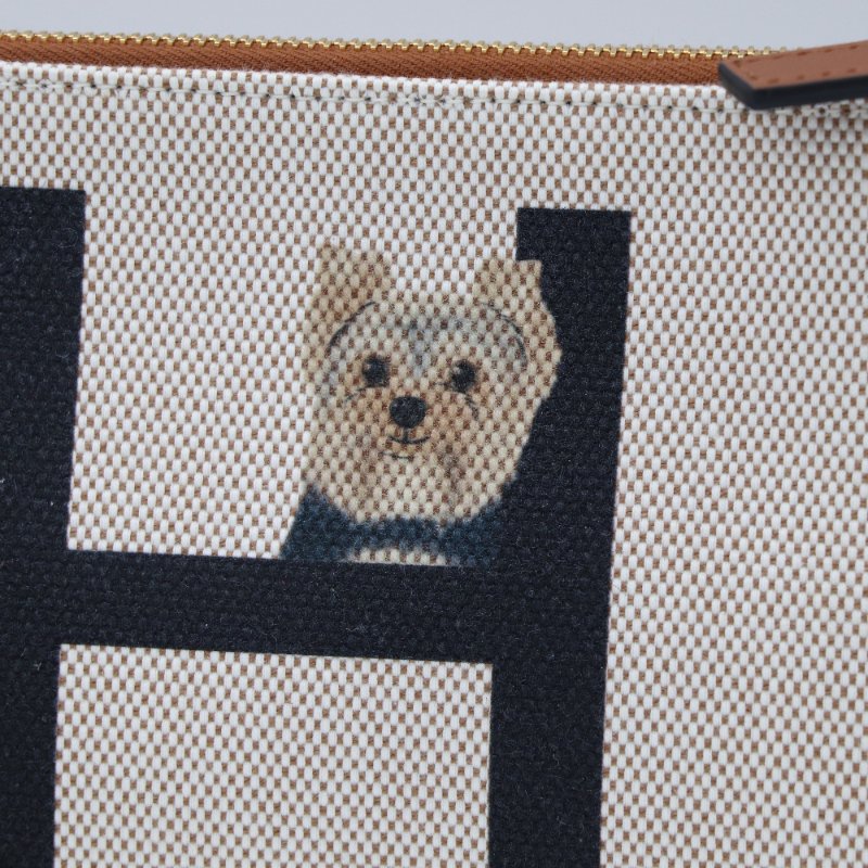 VALENTINO 金屬 VLogo 中號 手繪約克夏 米色帆布 拉鍊手拿包-6