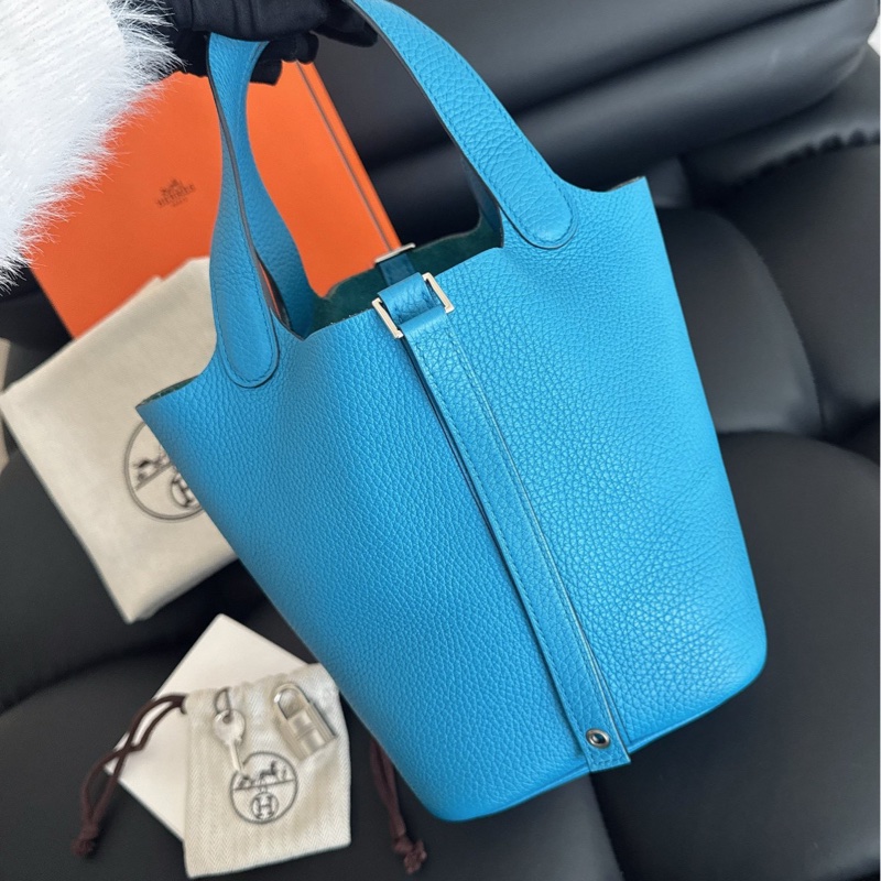 【近新閒置品】全膜 愛馬仕hermes 手提包18天藍色銀扣Y刻-0