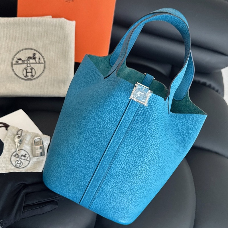 【近新閒置品】全膜 愛馬仕hermes 手提包18天藍色銀扣Y刻-1