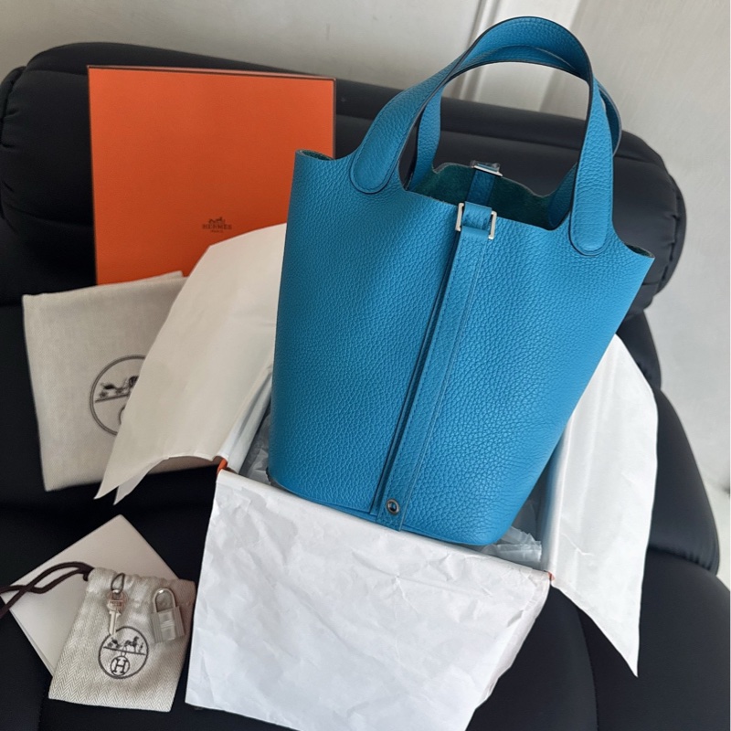 【近新閒置品】全膜 愛馬仕hermes 手提包18天藍色銀扣Y刻-7