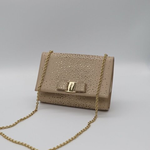 Ferragamo 菲拉格慕 奶茶色 星星鏤空 牛皮 蝴蝶結 鏈條包 斜背包