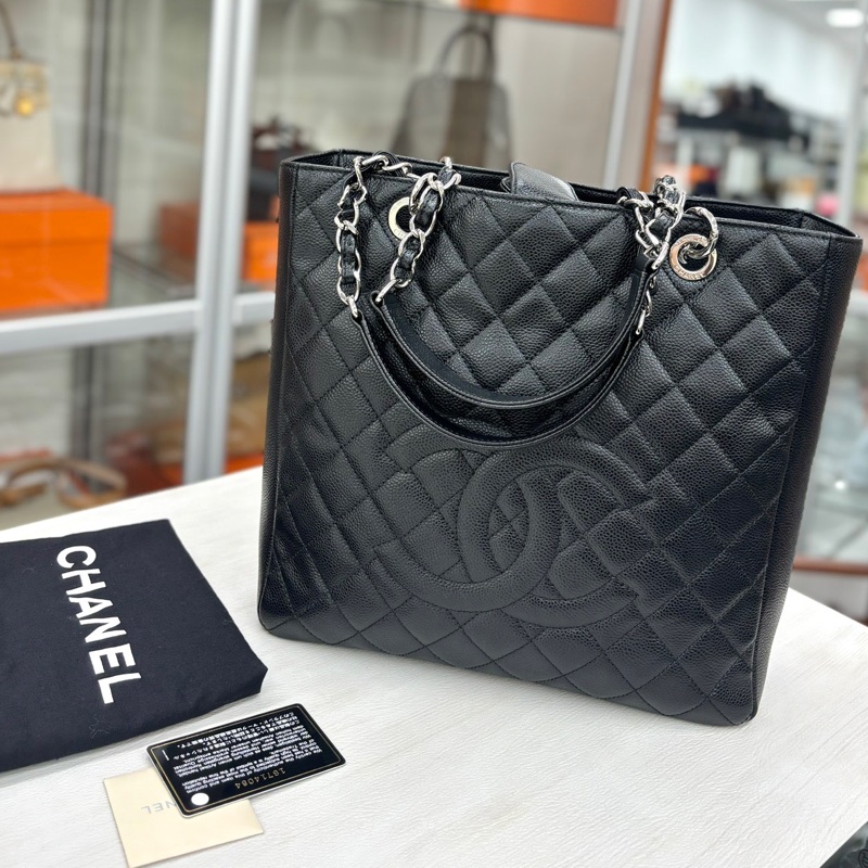 【近新閒置品】香奈兒Chanel 黑銀大號竪版購物袋單肩鏈條包經典菱格-0