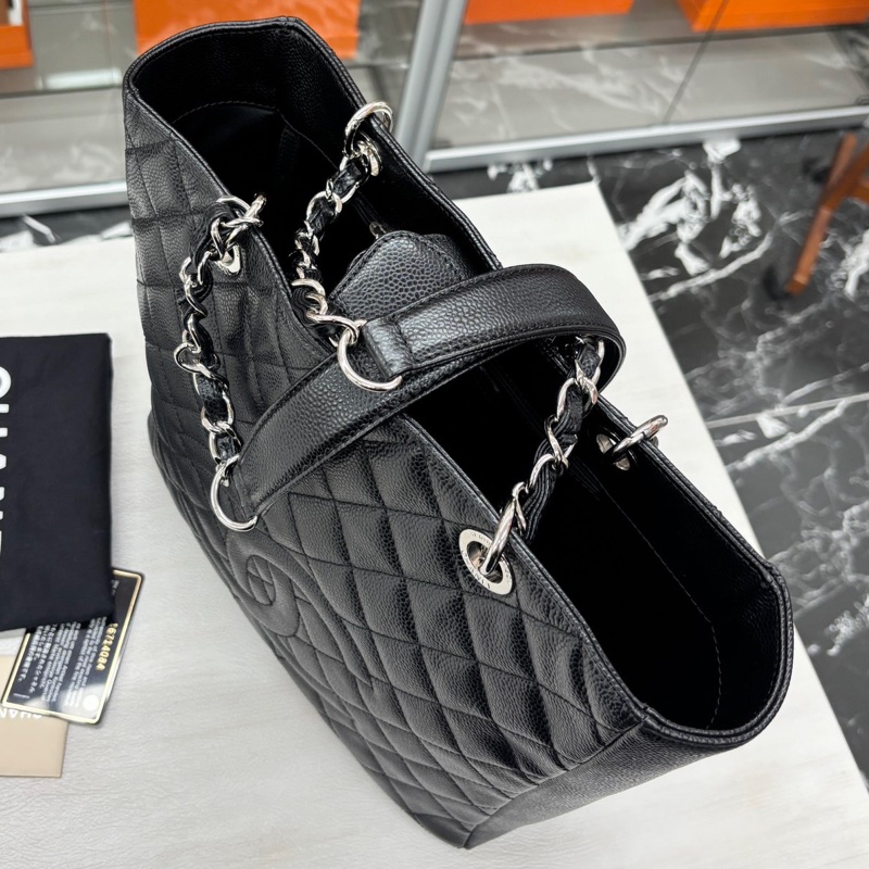 【近新閒置品】香奈兒Chanel 黑銀大號竪版購物袋單肩鏈條包經典菱格-4