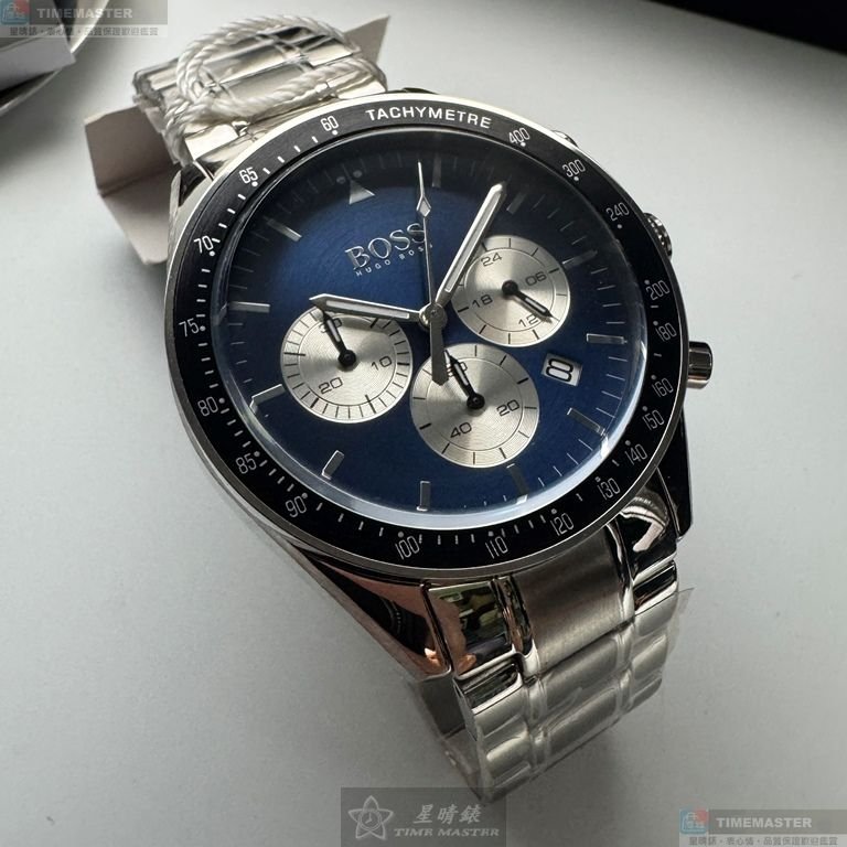 BOSS手錶,編號HB1513630,44mm銀圓形精鋼錶殼,寶藍色三眼, 中三針顯示, 運動錶面,銀色精鋼錶帶款-2