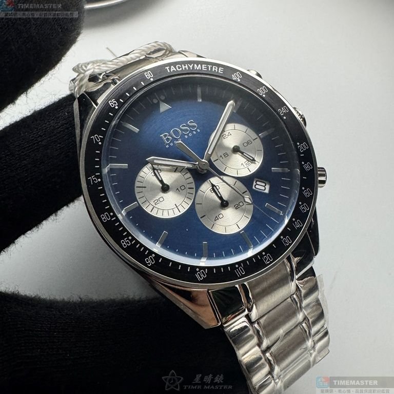 BOSS手錶,編號HB1513630,44mm銀圓形精鋼錶殼,寶藍色三眼, 中三針顯示, 運動錶面,銀色精鋼錶帶款-3