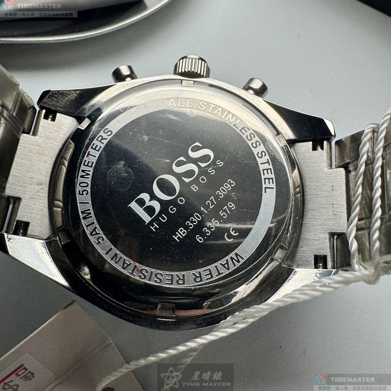 BOSS手錶,編號HB1513630,44mm銀圓形精鋼錶殼,寶藍色三眼, 中三針顯示, 運動錶面,銀色精鋼錶帶款-4