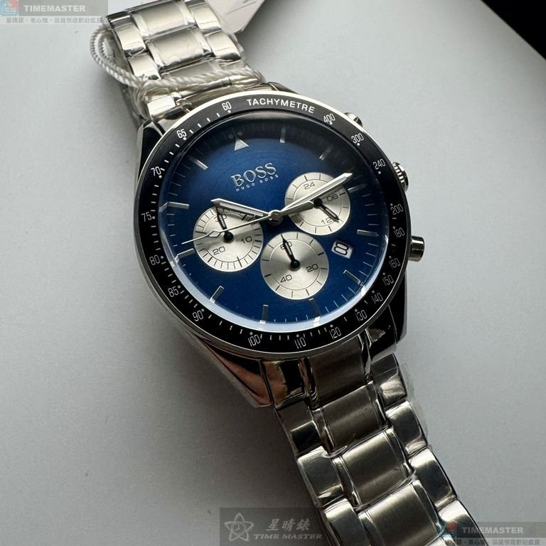 BOSS手錶,編號HB1513630,44mm銀圓形精鋼錶殼,寶藍色三眼, 中三針顯示, 運動錶面,銀色精鋼錶帶款-8