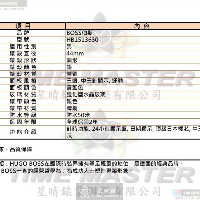 BOSS手錶,編號HB1513630,44mm銀圓形精鋼錶殼,寶藍色三眼, 中三針顯示, 運動錶面,銀色精鋼錶帶款-11