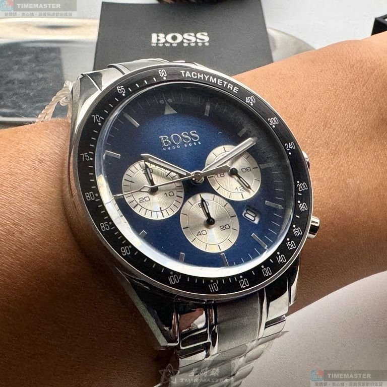 BOSS手錶,編號HB1513630,44mm銀圓形精鋼錶殼,寶藍色三眼, 中三針顯示, 運動錶面,銀色精鋼錶帶款-12