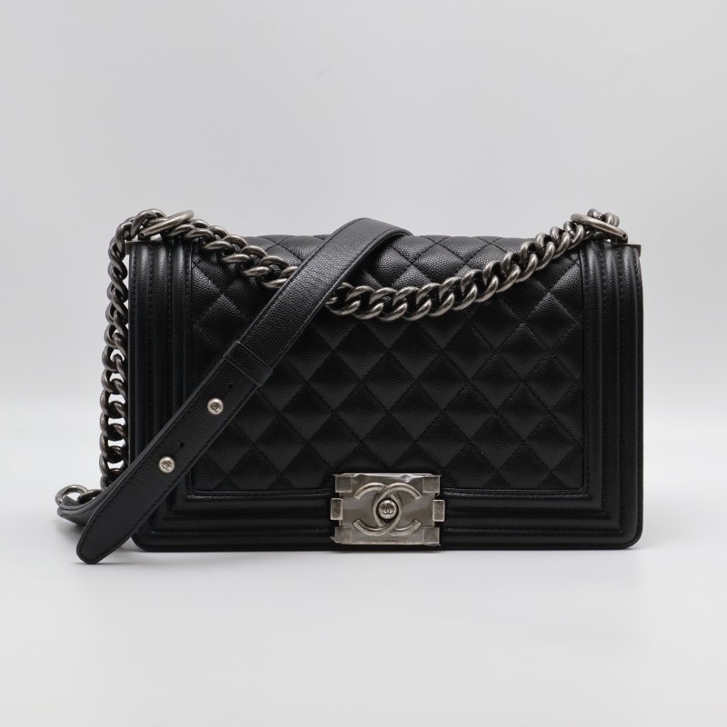 CHANEL Boy25 粒面牛皮口蓋包 - 黑銀-0