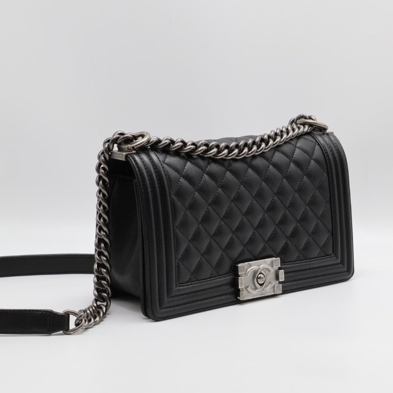 CHANEL Boy25 粒面牛皮口蓋包 - 黑銀-7