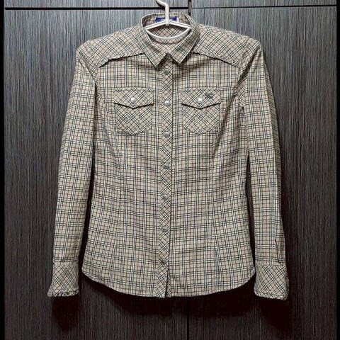 絕版BURBERRY 博柏利 BLUE LABEL 藍標 戰馬 女棕色經典格紋法蘭絨長袖襯衫38號