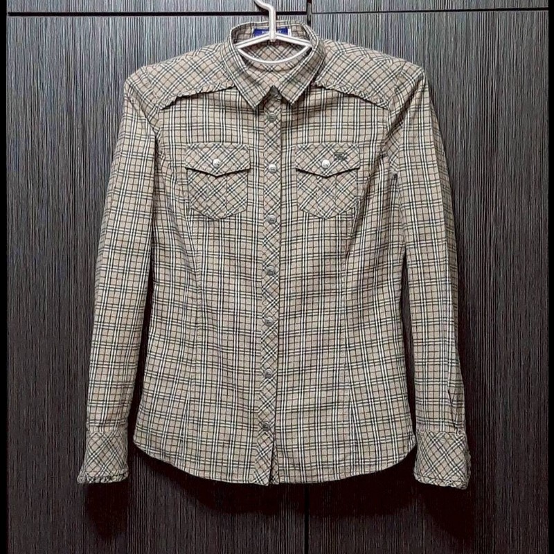 絕版BURBERRY 博柏利 BLUE LABEL 藍標 戰馬 女棕色經典格紋法蘭絨長袖襯衫38號-0