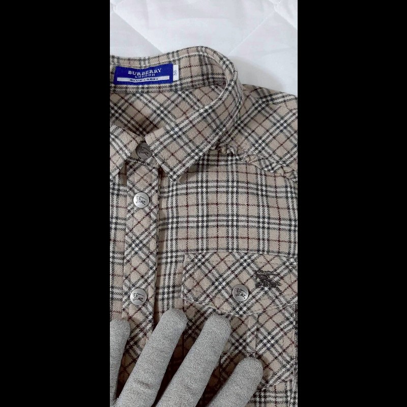 絕版BURBERRY 博柏利 BLUE LABEL 藍標 戰馬 女棕色經典格紋法蘭絨長袖襯衫38號-4