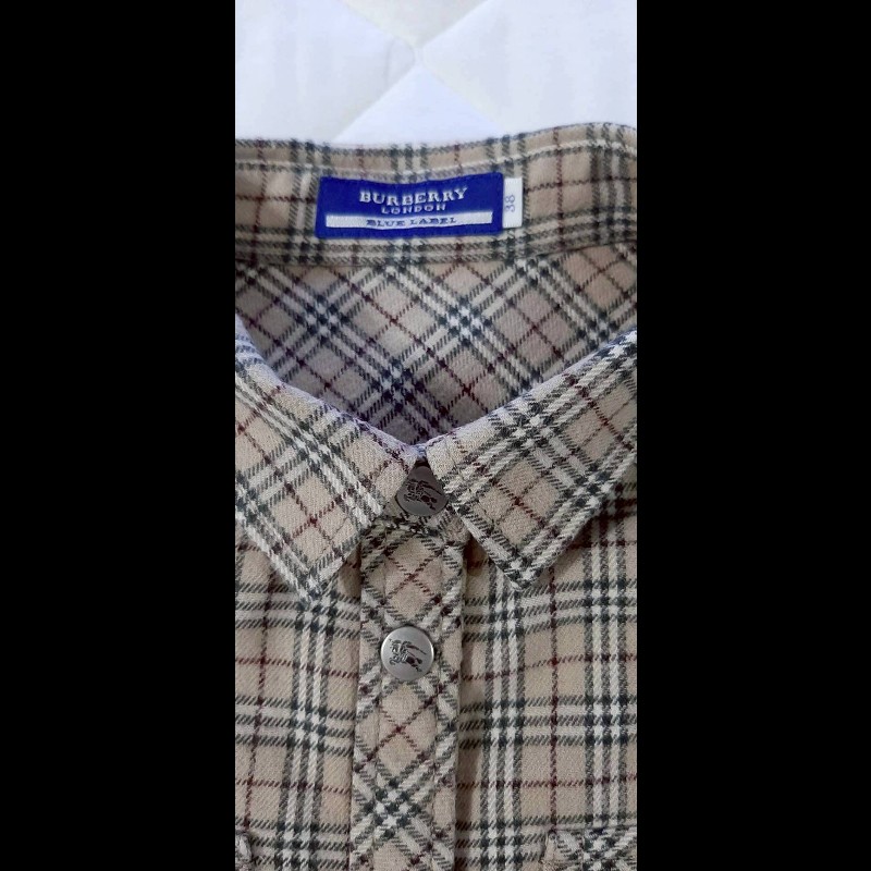 絕版BURBERRY 博柏利 BLUE LABEL 藍標 戰馬 女棕色經典格紋法蘭絨長袖襯衫38號-7