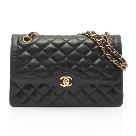 香奈兒 (CHANEL) Matelasse Paris 限量版 W 翻蓋肩背包，羊皮材質，黑色，二手，金色五金