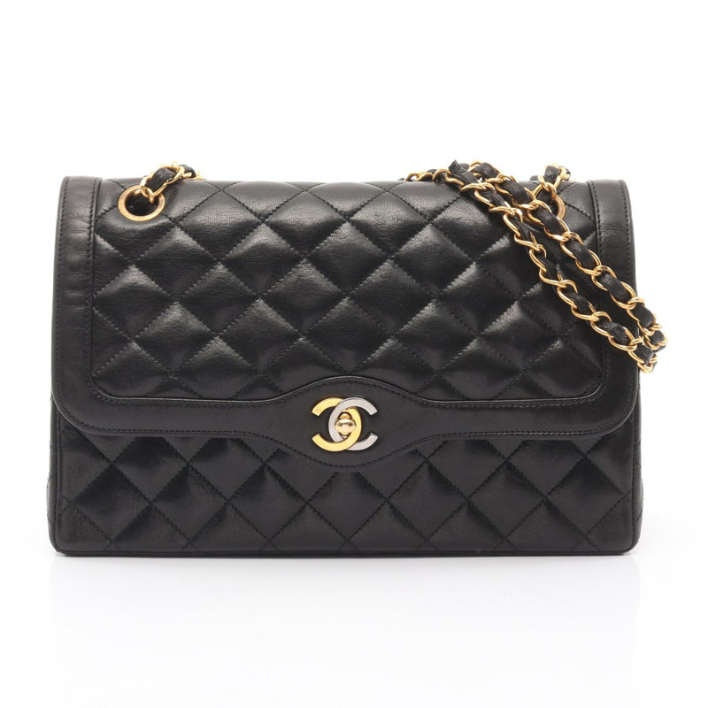 香奈兒 (CHANEL) Matelasse Paris 限量版 W 翻蓋肩背包，羊皮材質，黑色，二手，金色五金-0