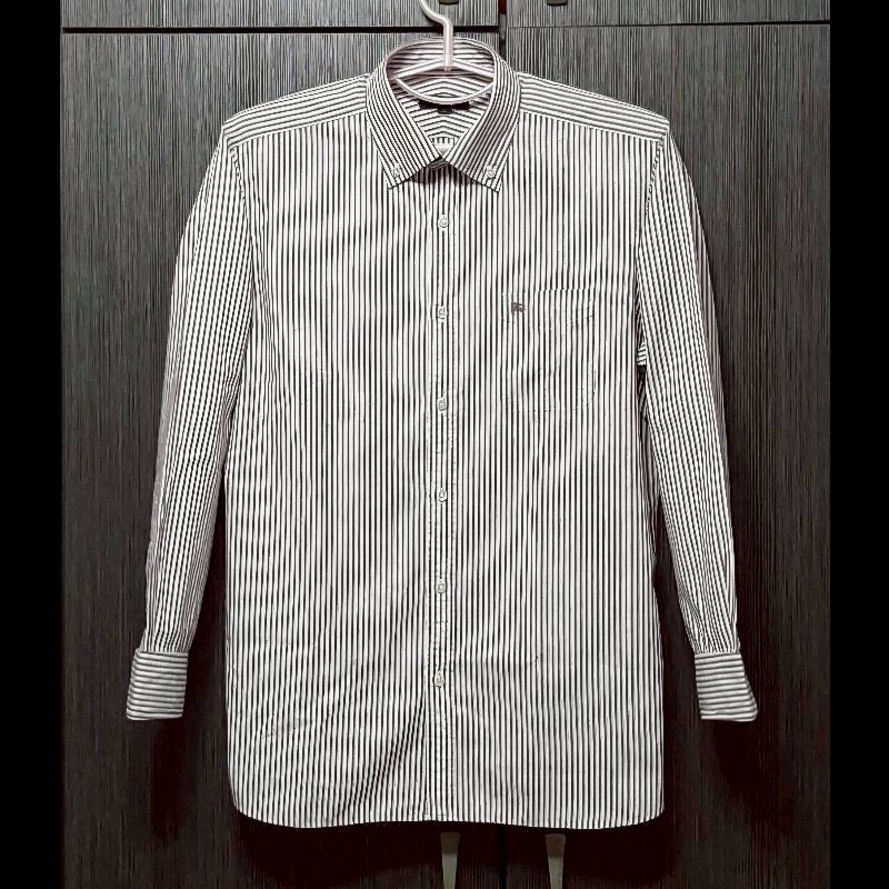 BURBERRY 博柏利 LONDON 戰馬 男紫白條紋長袖襯衫L-0