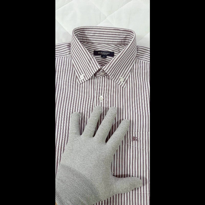 BURBERRY 博柏利 LONDON 戰馬 男紫白條紋長袖襯衫L-2