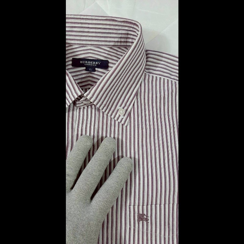 BURBERRY 博柏利 LONDON 戰馬 男紫白條紋長袖襯衫L-6