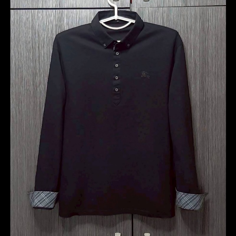 （日本製MIJ）絕版BURBERRY 博柏利 BLACK LABEL 黑標 戰馬 男黑色長袖POLO衫3號-0