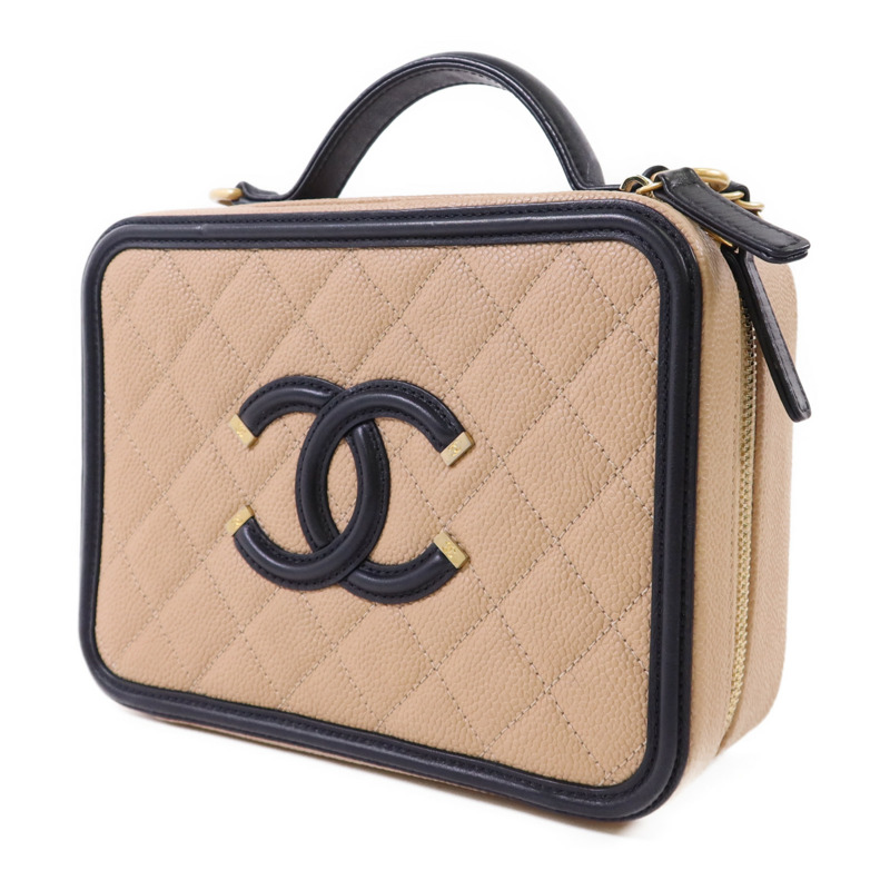 CHANEL 牛皮皮革Filigree Vanity Case Medium金扣鏈帶手挽肩背兩用袋-2