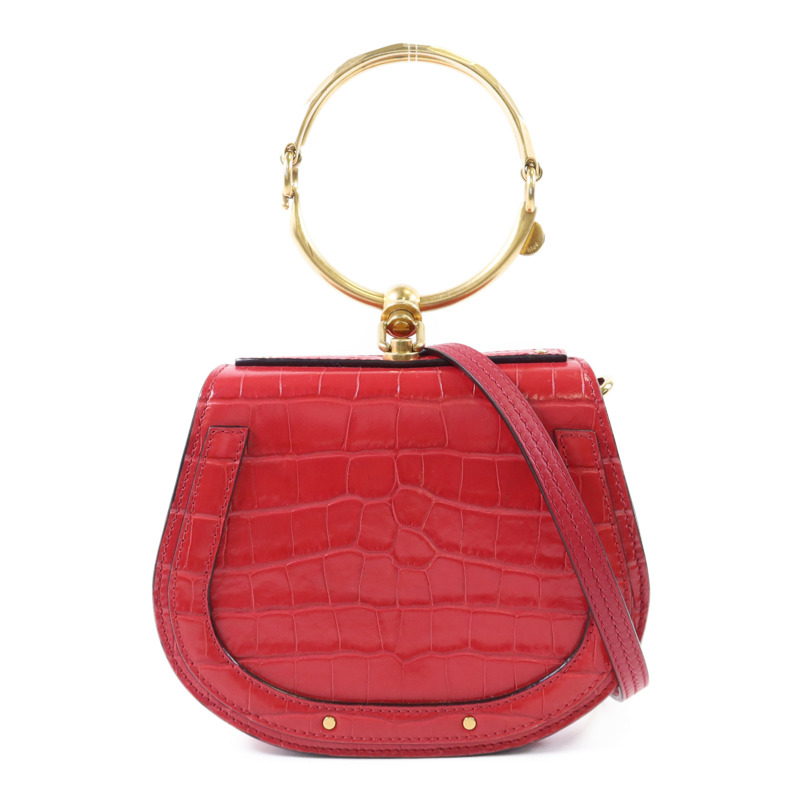 Chloe 牛皮皮革Small Cherry Pink Fuchsia Croc Embossed金扣手挽肩背兩用袋-0